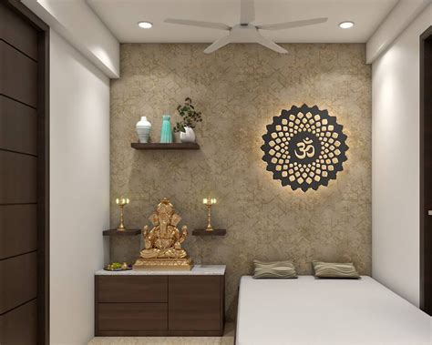 Contemporary Pooja Room With Beige Finished Wallpaper | Livspace