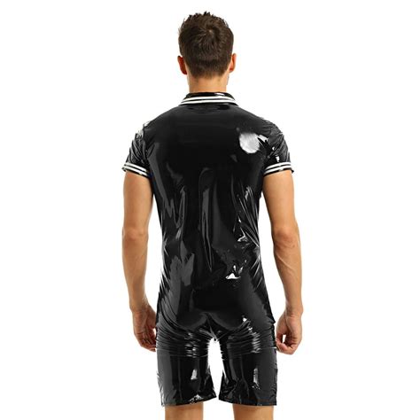 Sexy Latex Lingerie Bodysuit For Men One Piece Wet Look Patent Leather Front Zipper Boxer Briefs