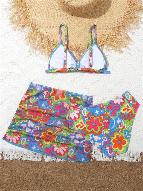 Girls Floral Print Bikini Swimsuit With Beach Skirt Shein Usa