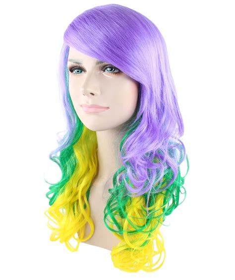 Womens Carnival Mardi Gras Tri Color Wavy Style Cosplay Wig