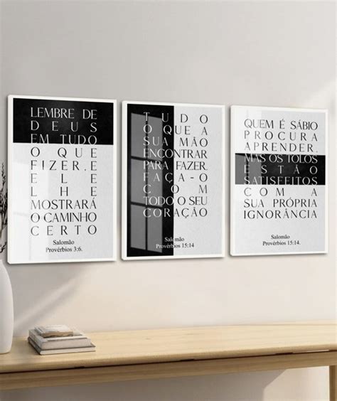 Kit 3 Quadros Decorativos Frases Salomão Motivação Vidro