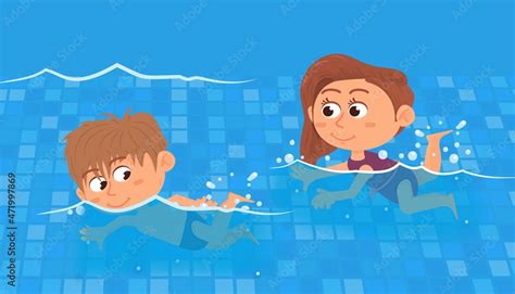 Swimming competition. Kids swim in pool, sport training. Cartoon boy ...