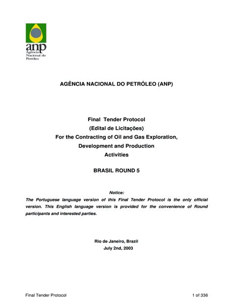 AG NCIA NACIONAL DO PETR LEO ANP Final Tender Protocol Form Fill Out