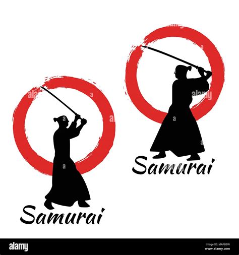 Japanische Samurai Warriors Silhouette Mit Katana Schwert Auf Dem Roten