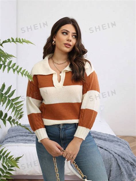 Shein Curve Plus Two Tone Cable Knit Drop Shoulder Sweater For Sale