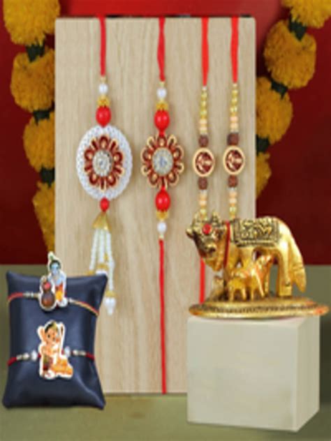 Buy TIED RIBBONS Set Of 4 Family Rakhi Set For Bhaiya Bhabhi Kids With Cow Statue Gift Pack ...