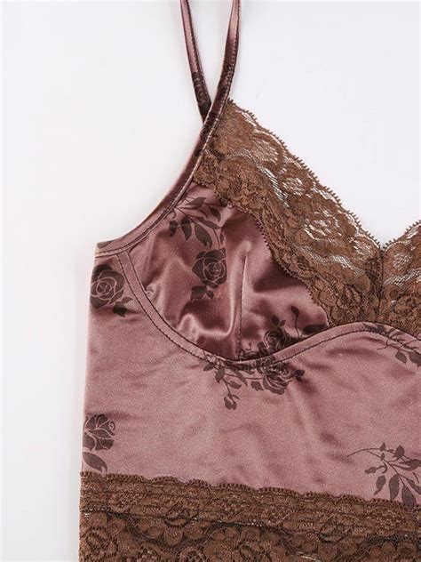 Emmiol Free Shipping 2023 Floral Lace Paneled Satin Crop Cami Top Brown