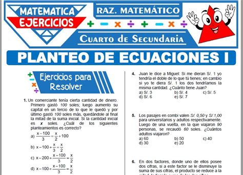 Ejercicios De Planteo De Ecuaciones I Para Cuarto De Secundaria