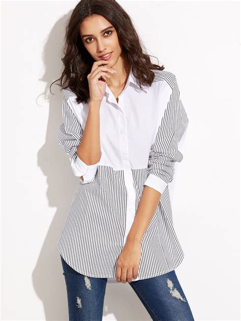 Contrast Striped Curved Hem Shirt Shein Sheinside