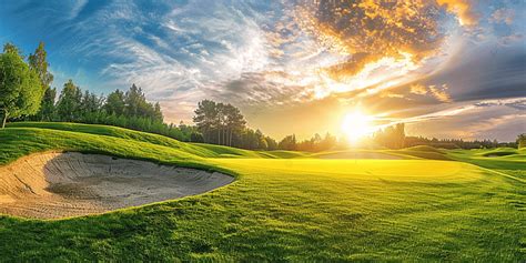 Panoramic View Of Golf Course At Sunset With Stunning Sky And Sand Trap