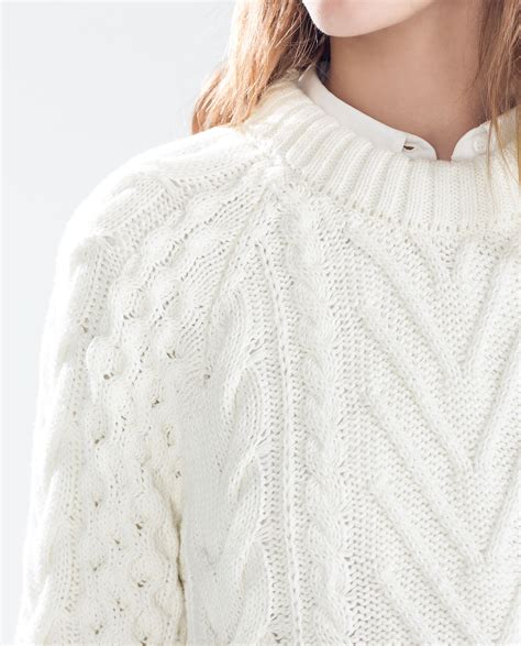 Zara Cable Knit Sweater With Opening In White Lyst