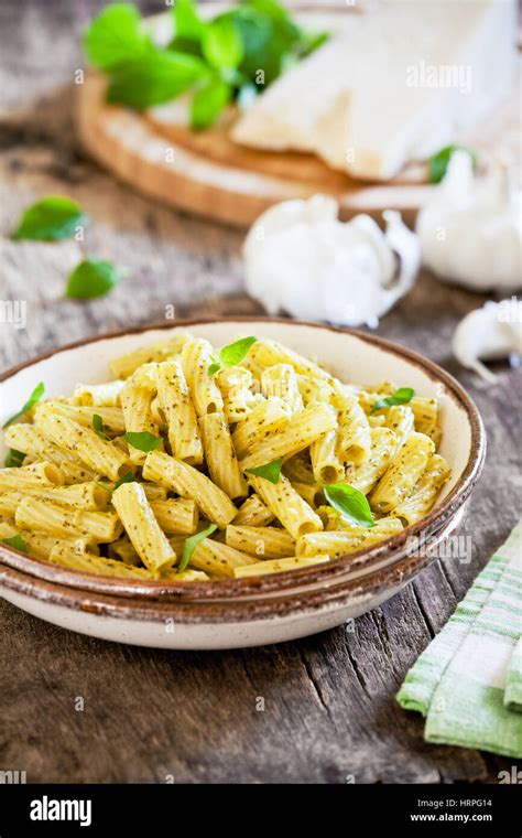 Plate of rigatoni pasta with fresh homemade pesto Stock Photo - Alamy