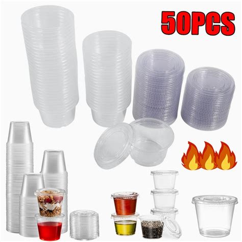 Disposable Plastic Cups 50pcs Disposable Plastic Clear Sauce Chutney Cups Boxes With Lid Food