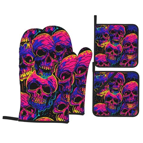 XMXT Heat Resistant Oven Mitts And Pot Holders Sets Neon Color Skull Oven Mitt Hot Pads Kitchen