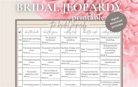 Bridal Jeopardy Printable Bridal Jeopardy Game Bridal Jeopardy Print