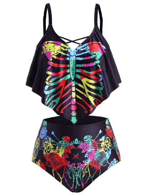 [37 Off] 2021 Skull Skeleton Flounces Halloween Plus Size Tankini