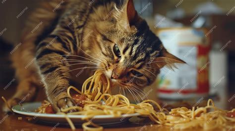 Premium Photo | A cat eating spaghetti with a plate of spaghetti