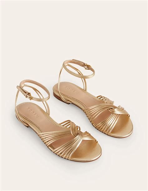 Twist Front Flat Sandals Gold Metallic Leather Boden Us In