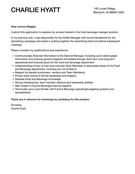 Food Beverage Manager Cover Letter Velvet Jobs