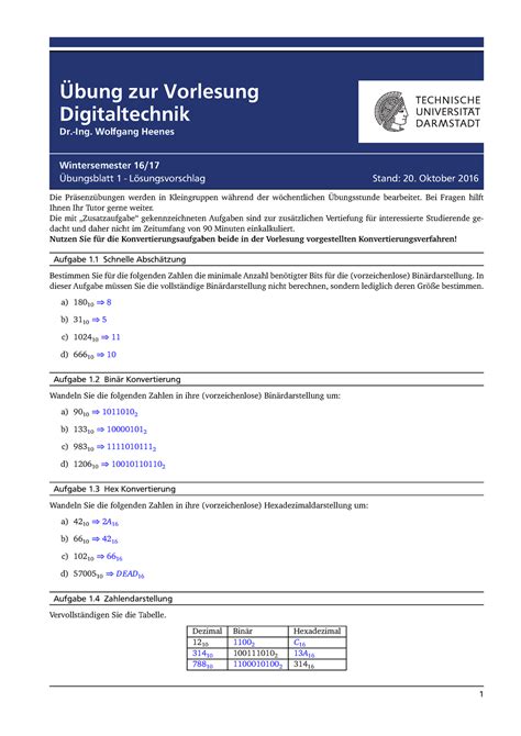 Uebung 1 Lösungen Übung zur Vorlesung Digitaltechnik Dr Ing