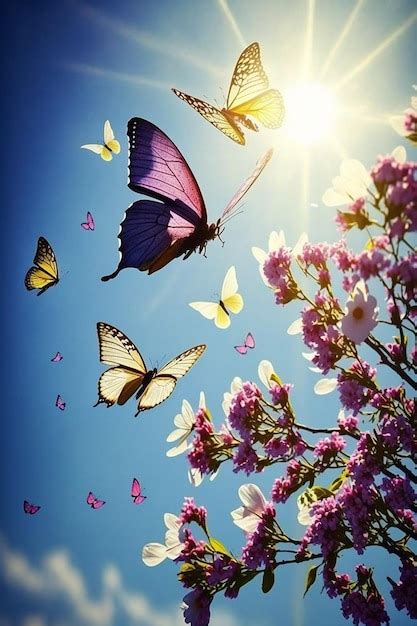 Mariposas Volando En El Cielo Con El Sol Brillando Sobre Ellas Foto