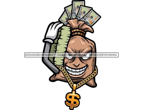 Money Bag Cartoon Character Holding Money Stacks Cash Bank Trap House