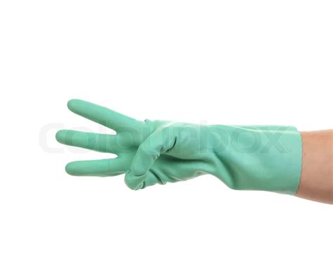 Hand zeigt drei in Gummihandschuh | Stock Bild | Colourbox
