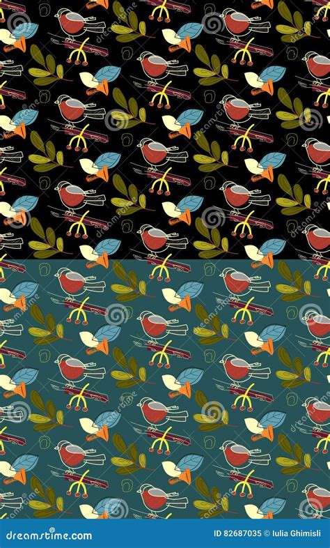 Bullfinch Seamless Season Pattern Set Vector Illustration Autumn