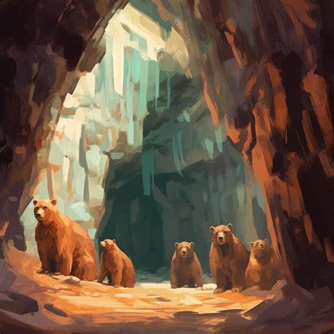 Premium AI Image | a painting of bears in a cave with a door in the ...