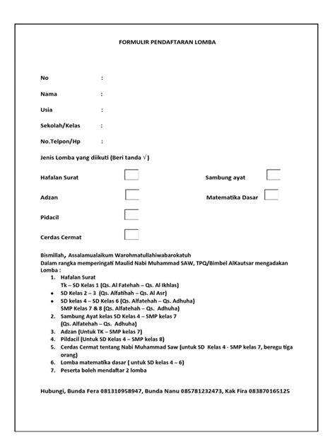 Formulir Pendaftaran Lomba Pdf