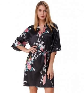 Women Kimono Robes Peacock And Blossom Print Silk Short Sleep Robe