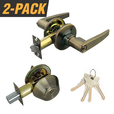 Premier Lock Antique Brass Entry Door Lever Combo Lockset With Deadbolt And 4 Sc1 Keys Keyed