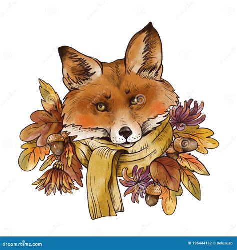 Vintage Fall Illustration Cute Fox With Autumn Leaves And Acorns