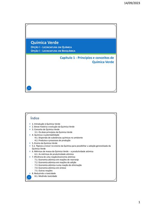 Cap 1 Química Verde 2023 24 Capítulo 1 Princípios e conceitos de