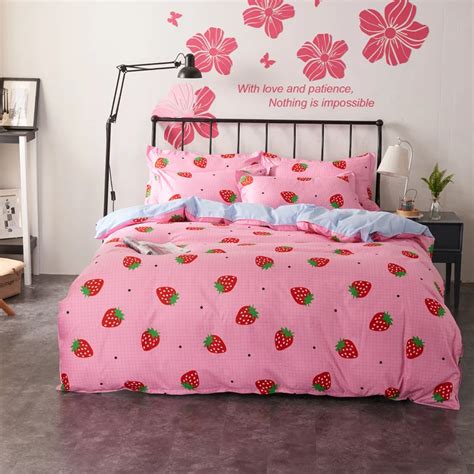 4pcs Set Girls Princess Bedding Sets Duvet Covers Set Pink Strawberry