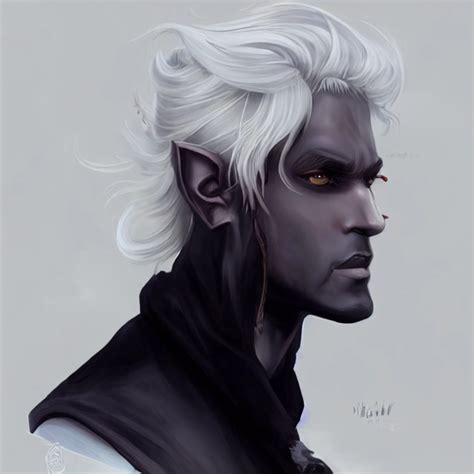 Male Dark Elf Drow Mage White Hair Obsidian Coloured Midjourney