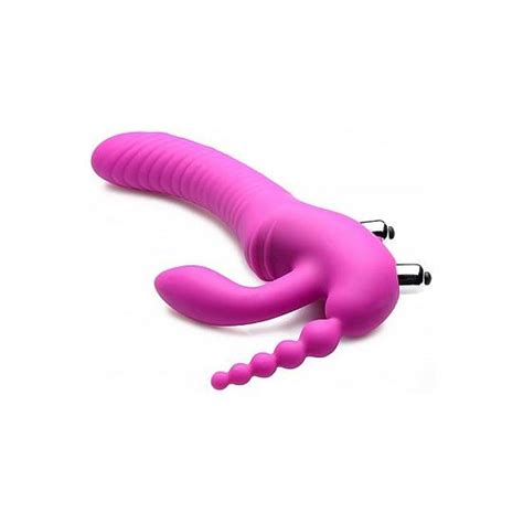 REGAL RIDER TRIPLE G ARNÉS CON DILDO VIBRADOR DE SILICONA MORADO