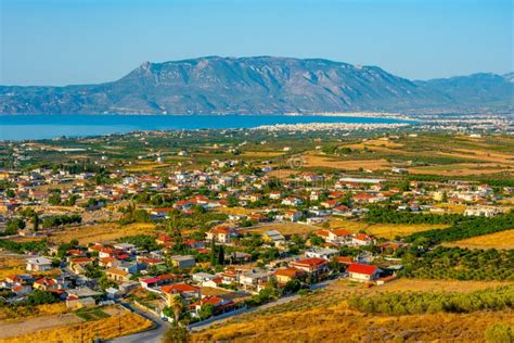 Panorama View of Corinth Town and Gulf of Corinth in Greece Stock Image ...