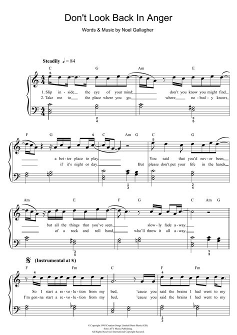 Don T Look Back In Anger By Oasis Sheet Music For Easy Piano At Sheet