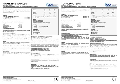 Inserto Proteinas Totales Marca Qca Quimica Clinica Aplicada S