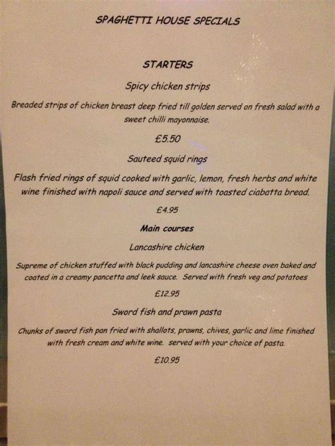 Menu at Spaghetti House restaurant, Lancaster, 18 Mary St