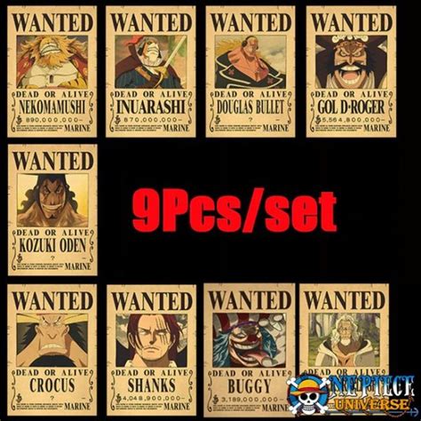 Roger Pirates Members And One Piece Buggy Wanted Poster 9PCS Set One