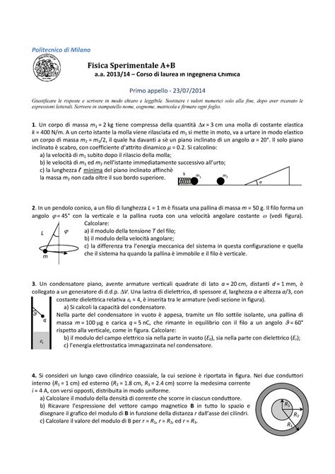 Esame 23 Luglio 2014 Testo E Soluzioni Politecnico Di Milano Fisica