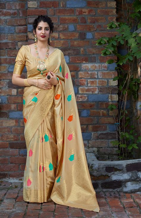 Cream Banarasi Silk Jacquard Woven Saree With Blouse Brithika Luxury