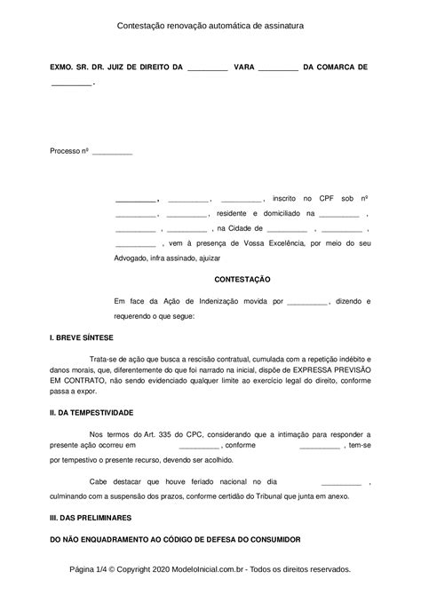 Modelo Contestação Renovação Automática De Assinatura