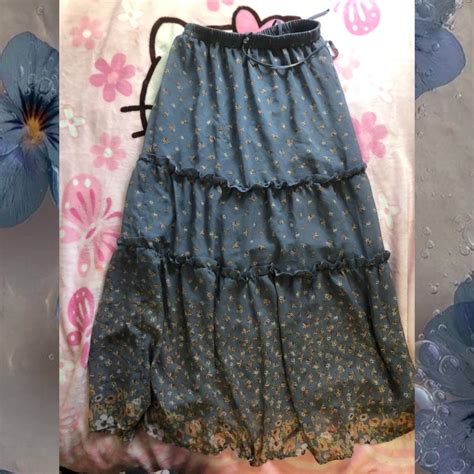 Blue Earthy Flower Maxi Skirt Had A Mesh Overlay Depop