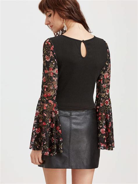 Black Floral Lace Bell Sleeve Ribbed Top Shein Sheinside