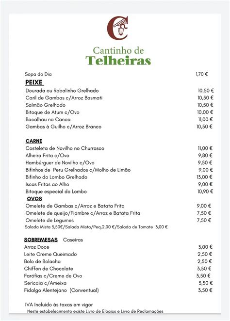 Menu At Cantinho De Telheiras Restaurant Lisbon R Prof Barbosa