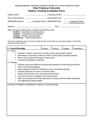 Fillable Online Owu Student Teaching Evaluation Form Ohio Wesleyan