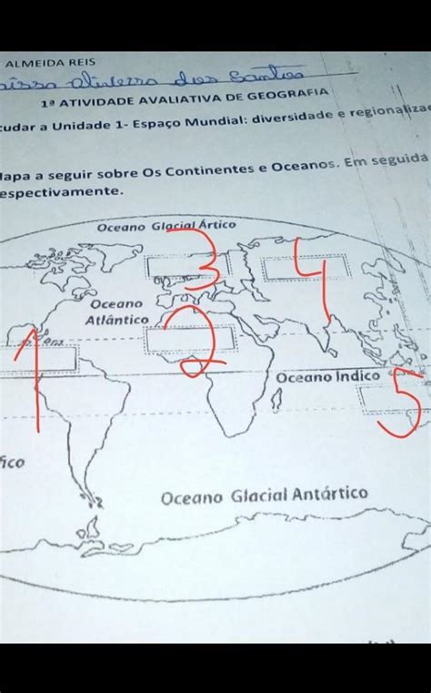 1 Observe O Mapa A Seguir Sobre Os Continentes E Oceanos Em Seguida